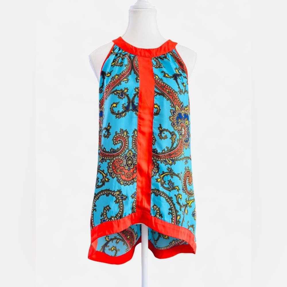 Nicole by Nicole Miller Paisley Halter Top Blue Orange Satin Size M